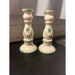 Vintage Ceramic Candle Holders Set Of 2 With Green & White Farmhouse Design